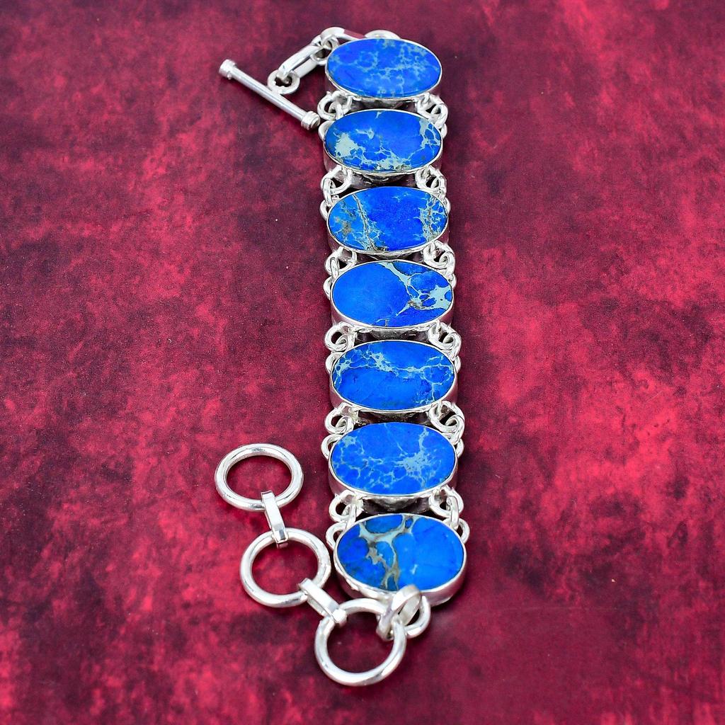 Pulsera de sedimentos marinos azules, joyería de piedras preciosas, pulsera de cadena ajustable de plata de ley maciza 925, regalo para mujer, collar hecho a mano