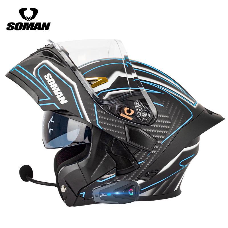 SOMAN Bluetooth Motorcycle Helmet with Double Lens and Flip-Up Design for All Seasons