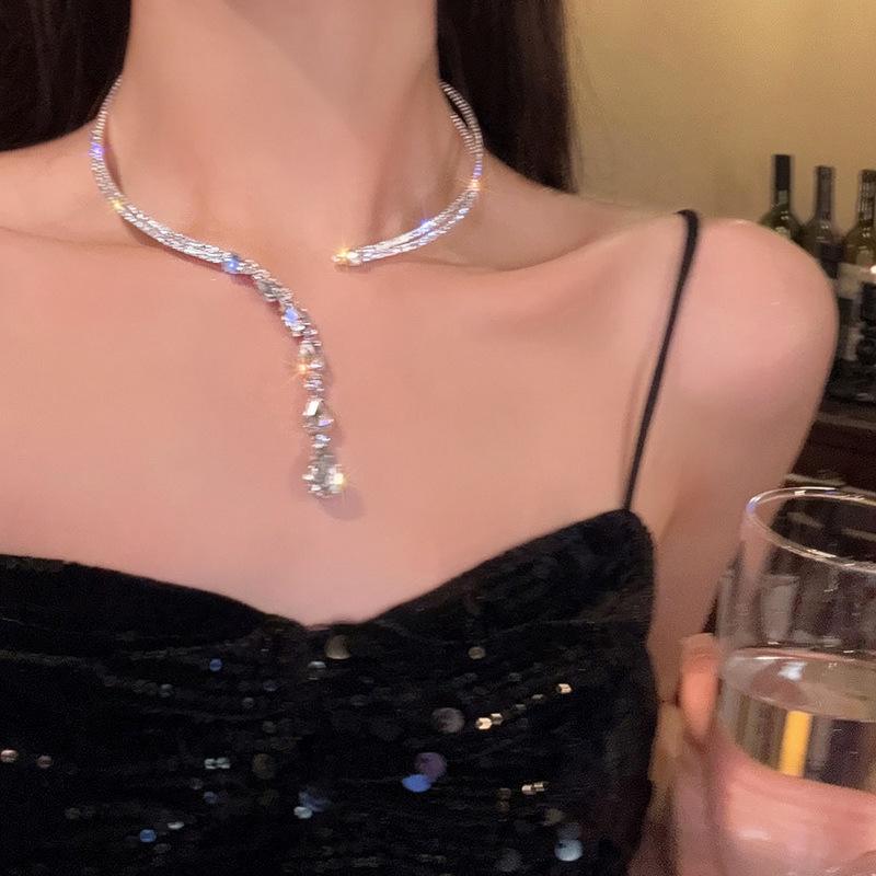 Elegant Zircon Water Drop Tassel Necklace - Double Layer High-End Clavicle Chain with a Unique, Luxurious Design