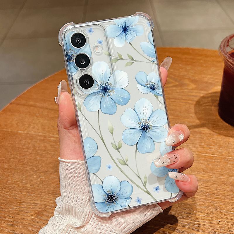 S25 Ultra Case Blue and White Flowers Pattern Clear Soft Cover For Samsung Galaxy S25 Edge S24 Ultra S23 S22 Plus S21 FE Capa Funda
