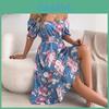 Flower Off Shoulder Short Sleeve A Line Dress With Ruffle Hem For Vacation And Casual Wear