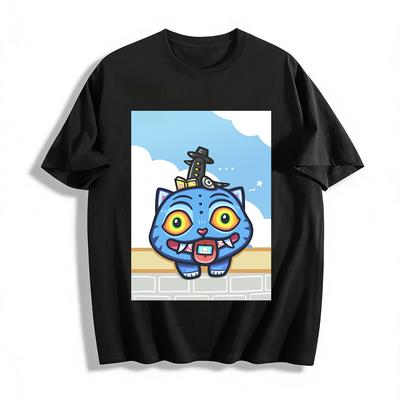 Weird Blue Cat With Swordsman Print T-shirt Unisex Fun Street Style Casual Crewneck Short Sleeve Top Pure Cotton T-shirt