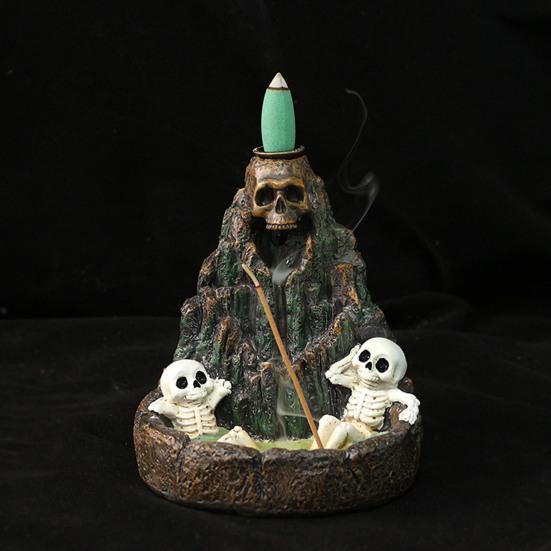 Halloween Skull Mountain Backflow Incense Burner Waterfall Incense Holder with 12 Incense Cones And Stick Resin Aromatherapy Holder for Gothic