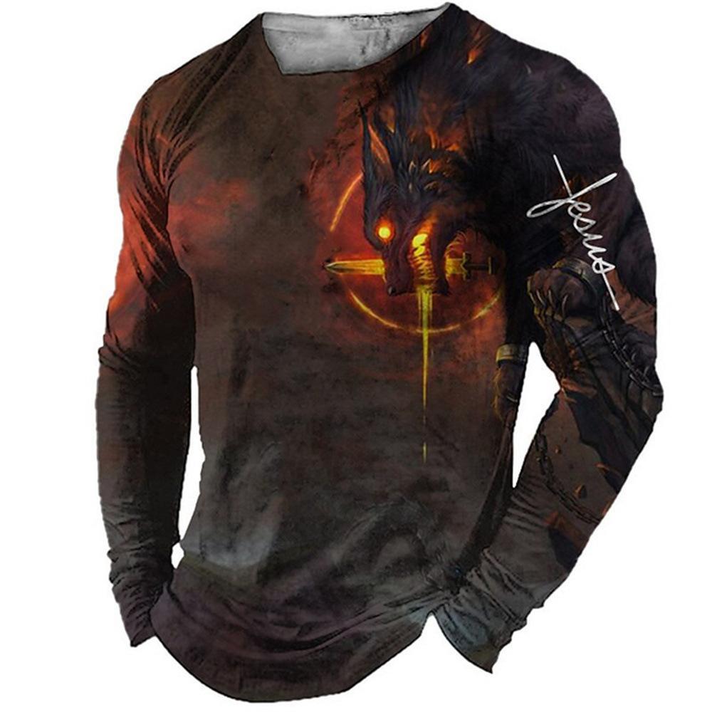 Men'S Fashion T-Shirt Animal Avatar 3D Digital Printing Trend Cool Long Sleeve Crew Neck T-Shirt