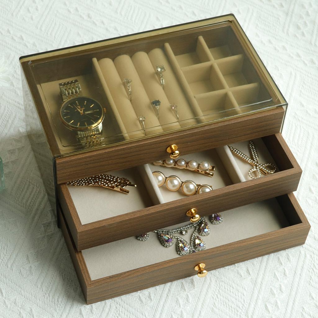 Vintage Walnut Jewelry Organizer Earrings Necklace Dust Jewelry Box Home Desktop Large Capacity 3 Layer Jewelry Box