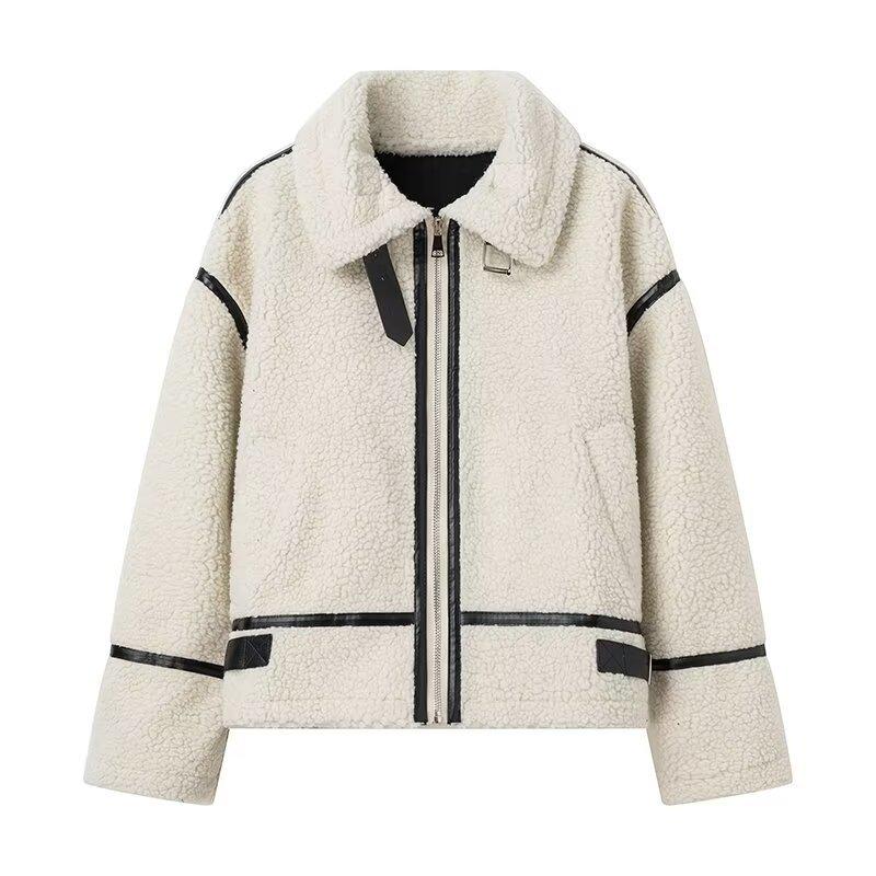 2023 European & American Women’s Winter Casual Lapel Long-Sleeve Zipper Lamb Wool Jacket Top