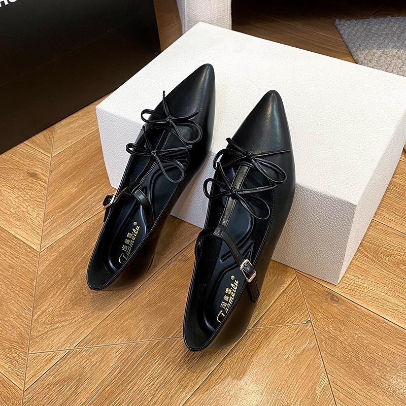 Gentle Pointed Mary Jane Shoes Silver French Small Beautiful Light Mouth Single Shoes Women's Flat Bottom Bow Flat Bottom Temperament Shoes