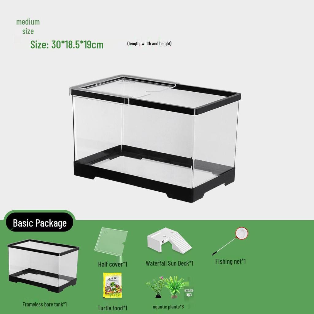 Acvariu Compact pentru Broaște Țestoase cu Platformă de Soare - Habitat Elegant de Birou cu Capac pentru Afișare Ecologică în Sufragerie