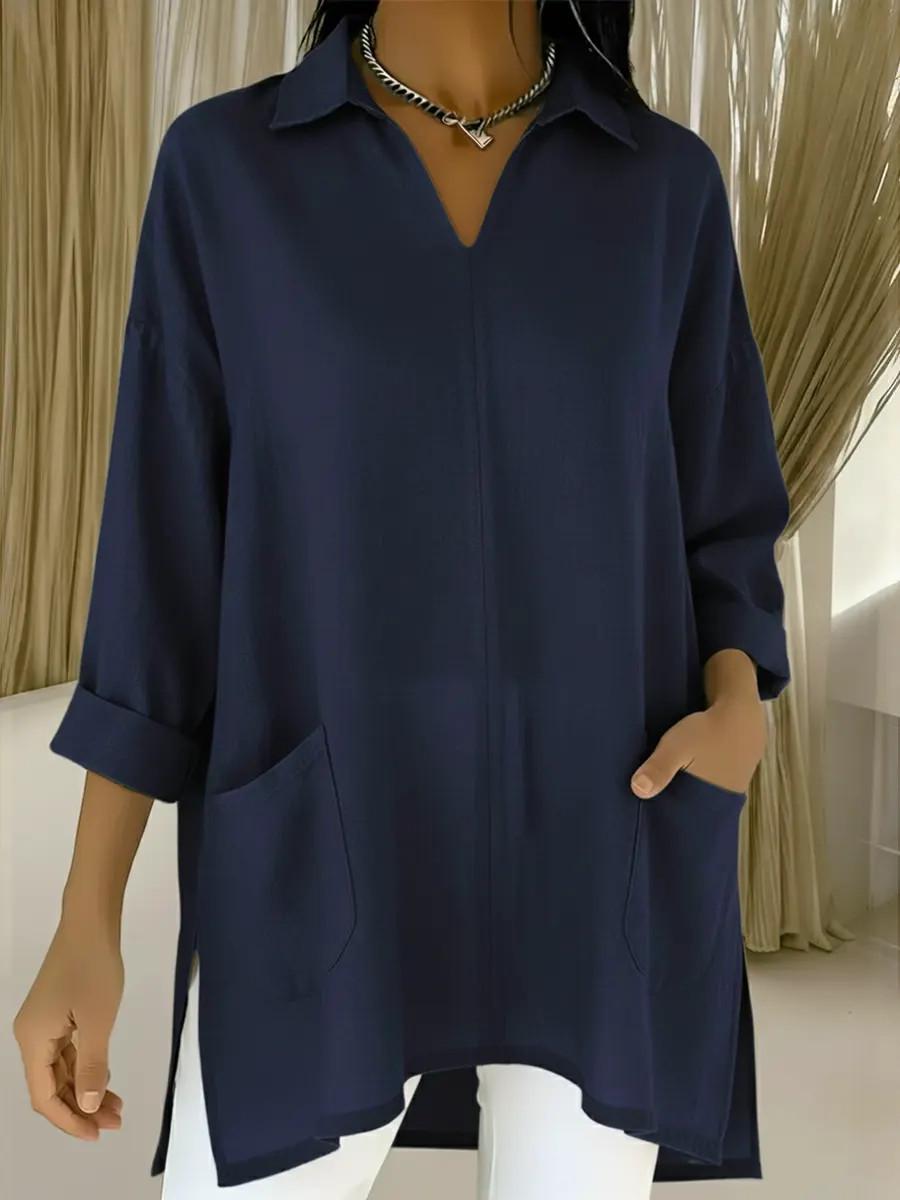 

2026 Spring European & American Women s Fashion Solid Color Pocket Shirt Collar Loose Top XL темно-синього кольору