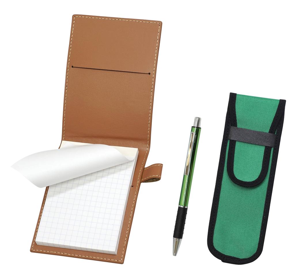 Recycled Cowhide Mini Notebook Cover Mocha with Cloth Pencil Case Green Metal Pitch Grip Ballpoint Pen Set Green & LS022PM-NK02G-WZ2067BP-G