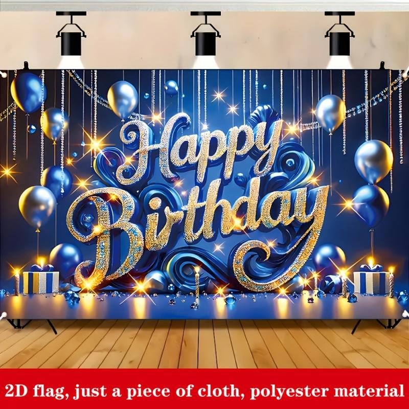 1pc, 2Dflat, Birthday Decorative Banner In Blue and Gold Theme, for Family Birthday Parties and Birthday Celebrations, Wsj