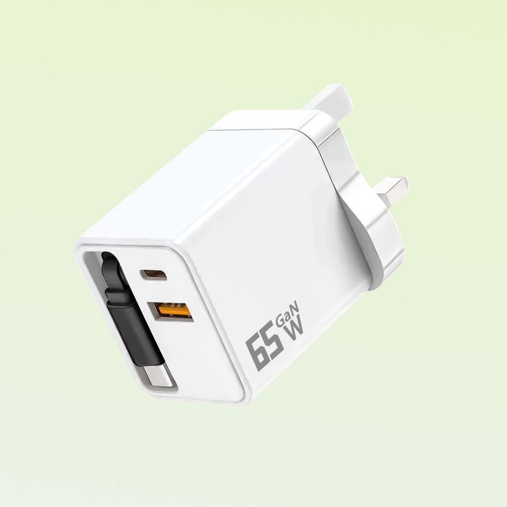 65W Galliumnitrid Dual-Port Schnellladegerät mit einziehbarem Stecker, geeignet für Apple & Huawei (80W A+C)