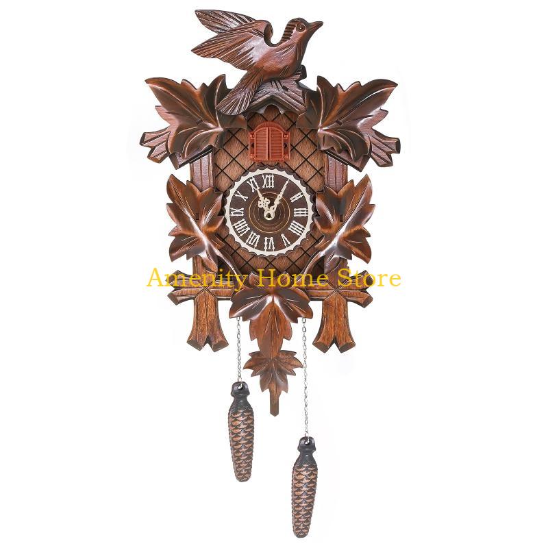 F26C Wooden Wall Clock Cuckoo Antique Pendulum Hanging Handcraft Swing Alarm Watch