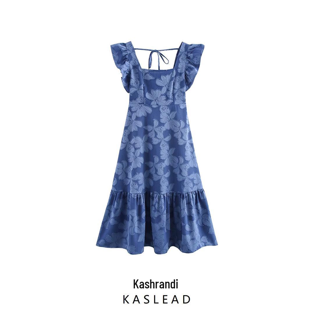 

2025 Spring Women s European Style Square Neck Casual Jacquard Dress XS синій