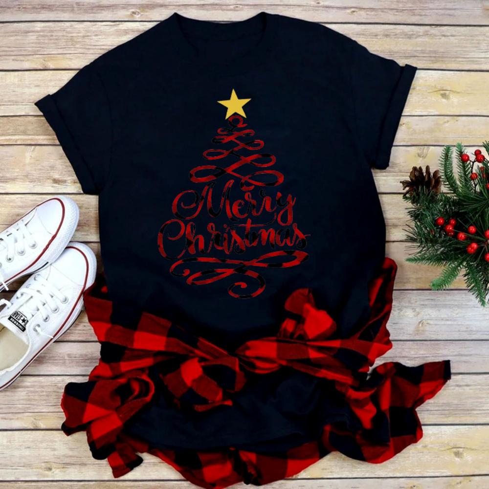 

Casual Loose Fit Christmas Tshirt for Women Funny Cartoon Shiny Xmas Tree Print Top Holiday Festival Daily Streetwear Tee S