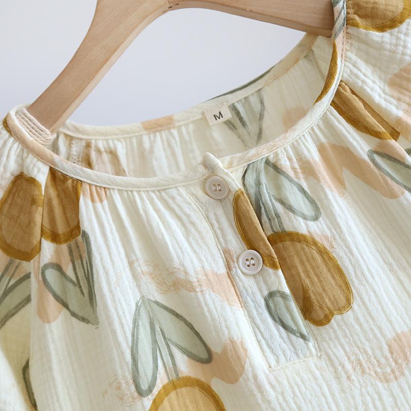 Frische Tulpen Doppelgaze Knittrige Baumwolle Shorts Pyjama-Sets Damen Sommer Kurzarm Pyjamas Nachtwäsche