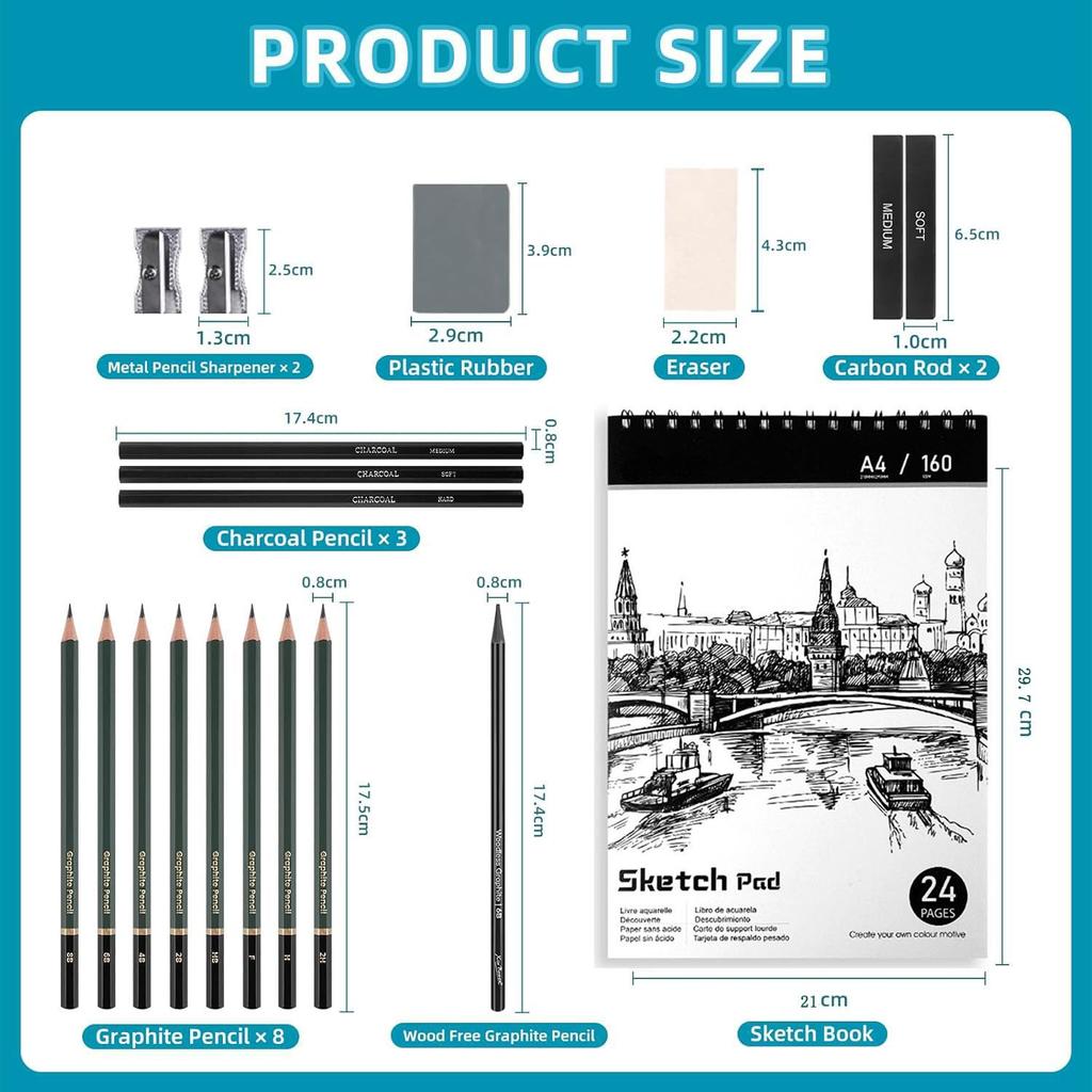 Roseelf Drawing Pencil A4 Sketchbook with 160GSM for Sketching and Drawing and More for and for and Professional Artists Sketchbook 19-Piece Set,
