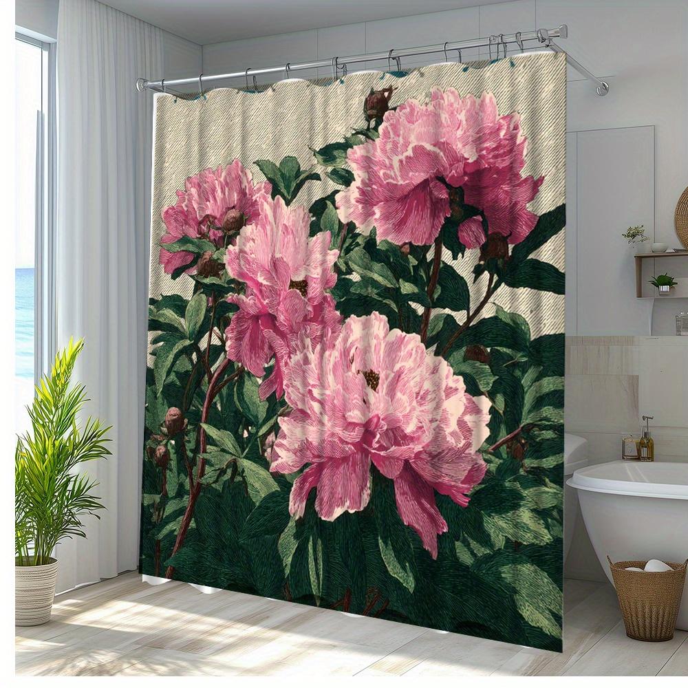 1Pc Elegant Floral Shower Curtain - Bathroom Decor With Pink Peonies & Green Foliage, Extra Long 70X70 Inches, Includes 12 Hooks