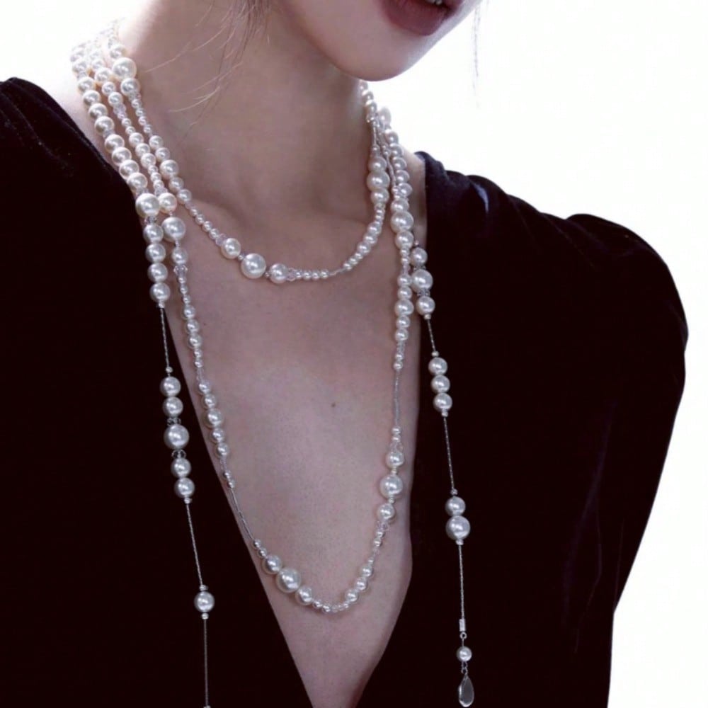 Retro Multi-layer Pearl Fringed Necklace, Long Stacked Neck Chain, Retro Gypsy Water Drop Sweater Chain