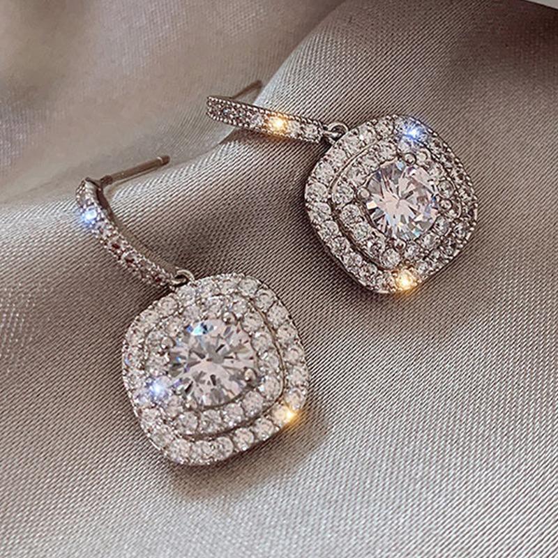 Luxurious Silver Color Metal Square White Stone Earrings  Party Engagement Wedding Dangle Earrings for Women