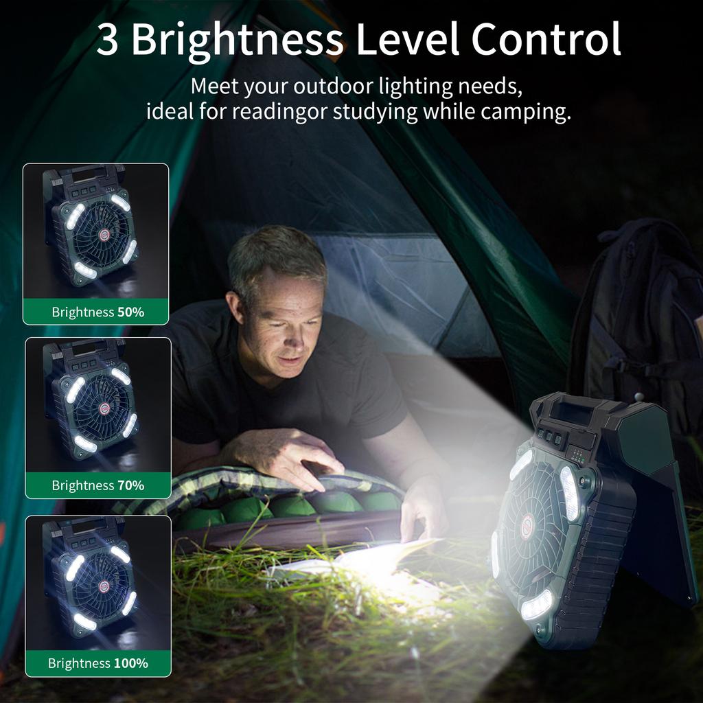 Solar Fan Light Portable Camping LED with 4 Speed Fan, Emergency Power Bank for Home Outdoor Fishing Blackout