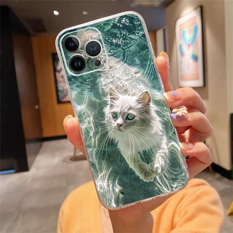 Cute White Cat Phone Case For iPhone 17 Pro Max Air 17 16 15 14 13 Pro Max 15 16 Pro 15Plus Silicone Cover