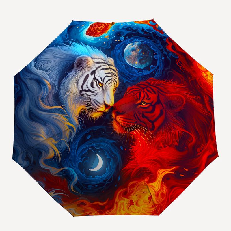 Yin Yang Tiger Moon Circular Wall Art DecorUmbrella, Portable 3-Fold Compact Umbrella for Men & Women Gift