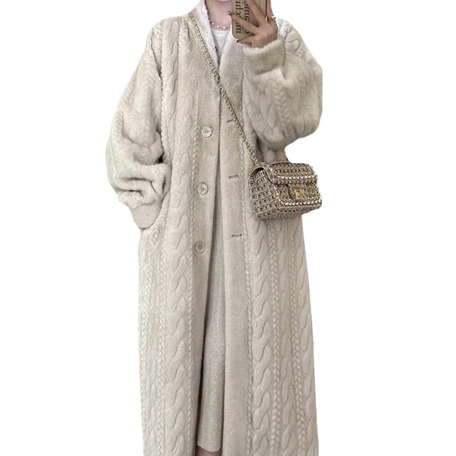 Autumn And Winter Thickened Long Large Size Knee Imitation Mink Cardigan Fur Coat Twist Imitation Mink Plush Jacket