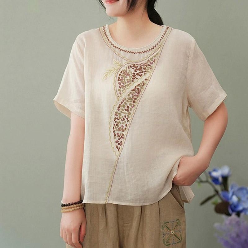 Cotton T-shirt Spring Summer Women Light Round Neck Embroidered Shirt Loose Versatile Tops