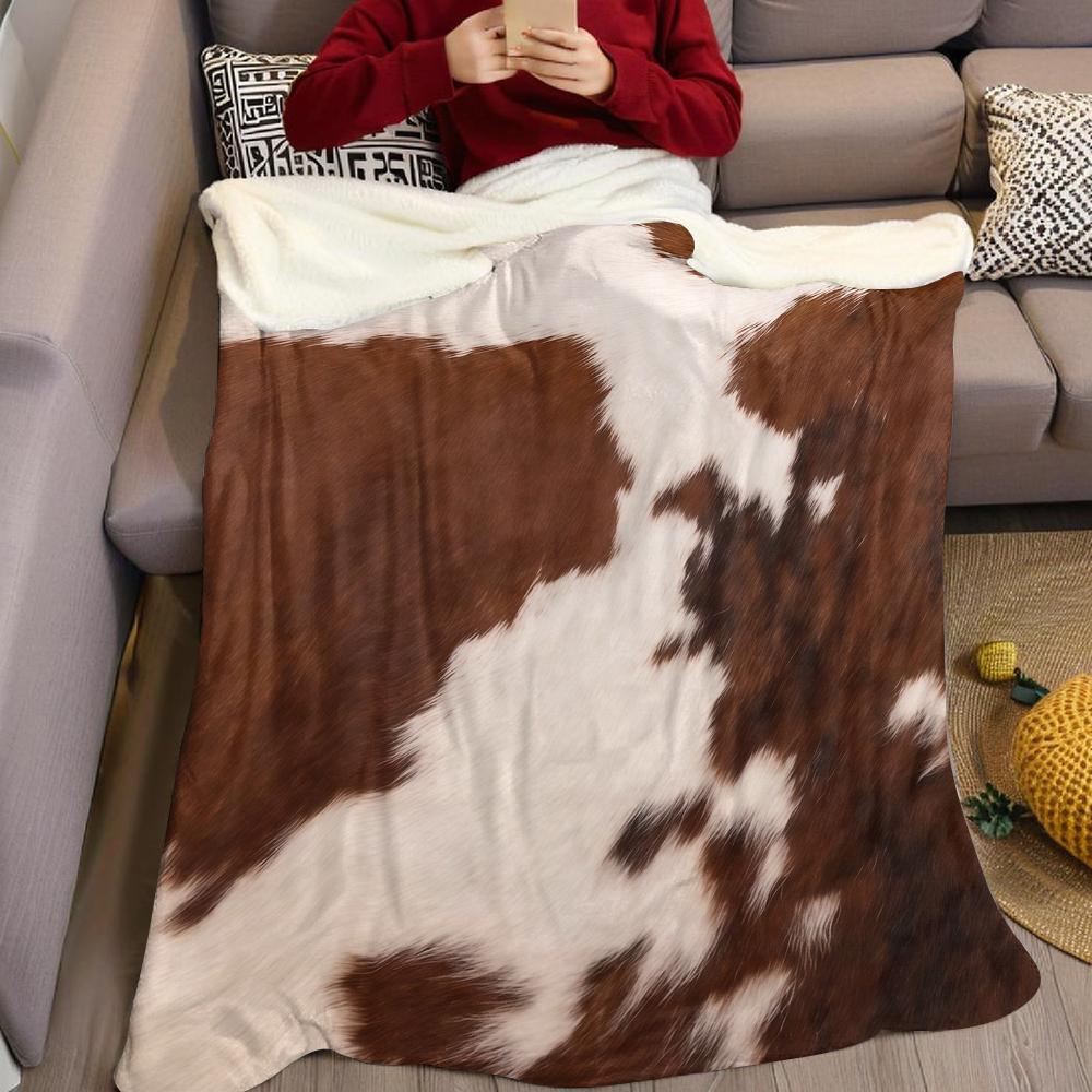 Brown & White Cowhide Flannel Blanket Warm Soft Halloween Christmas Couch Warm Cozy Decorative Decor Gift for All Season