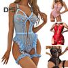 Women Sexy Bodysuit with Thigh Rings Backless Sleeveless Hollow Out Thin See-through Lace Flower Embroidery Spaghetti Strap Skinny Lady Wedding Night