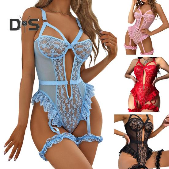 Women Sexy Bodysuit with Thigh Rings Backless Sleeveless Hollow Out Thin See-through Lace Flower Embroidery Spaghetti Strap Skinny Lady Wedding Night