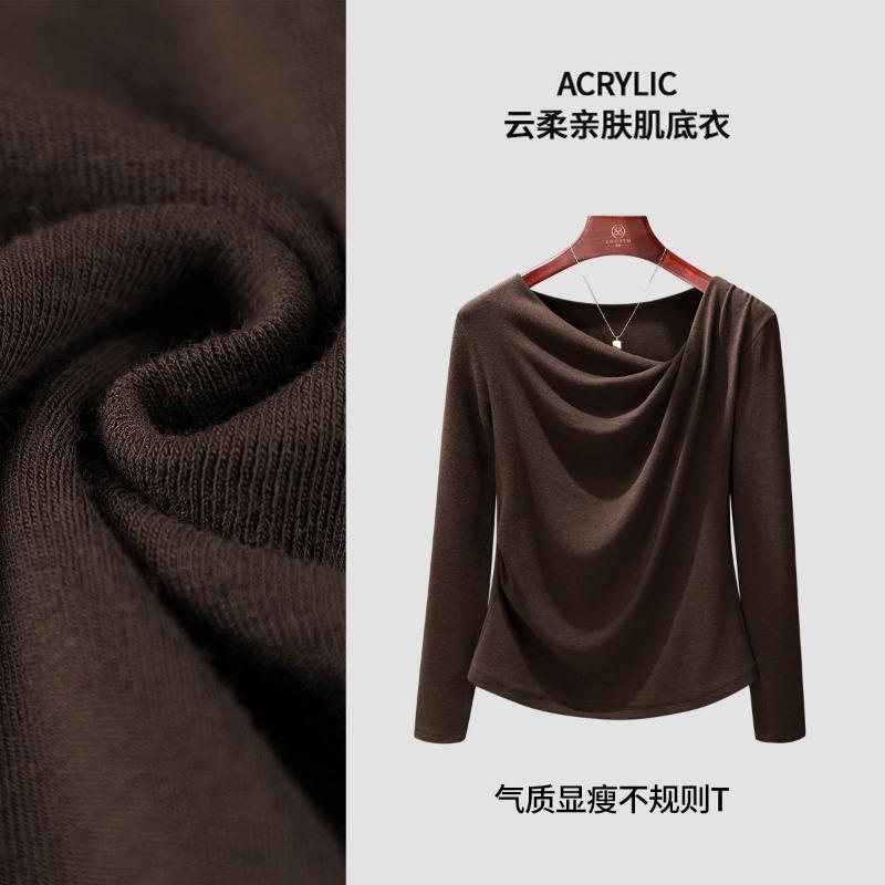 Autumn New Design Wrinkled and Thin Women's Irregular Swing Collar Long-sleeved Temperament Versatile Top