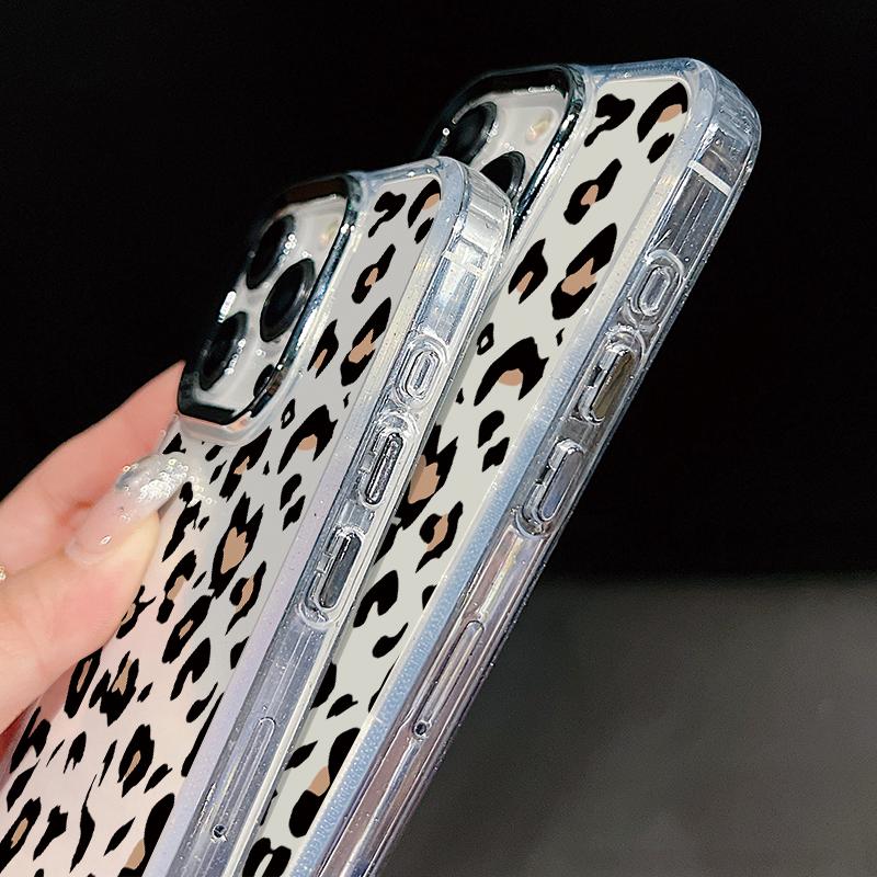 Leopard Print Phone Case For iPhone 17 Pro Max Plating Lens Frame Clear Soft Cover For iPhone 16 15 14 13 Pro Max 11 16E 17E