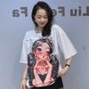 Summer Short Sleeve T-Shirts Women Summer O Neck Cartoon Girl Printed Diamonds Beading Casual Oversized T Shirt Lady Clothes