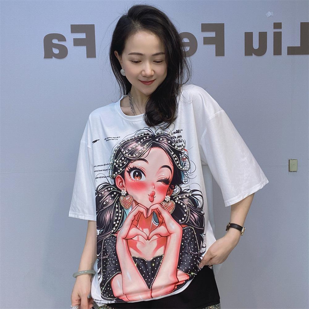 Summer Short Sleeve T-Shirts Women Summer O Neck Cartoon Girl Printed Diamonds Beading Casual Oversized T Shirt Lady Clothes