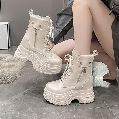 Moda 9CM Nowe damskie wysokie buty na platformie do kostki Zimowe grube trampki Casualowe skórzane buty punkowe Wysokie buty motocyklowe krótkie buty damskie