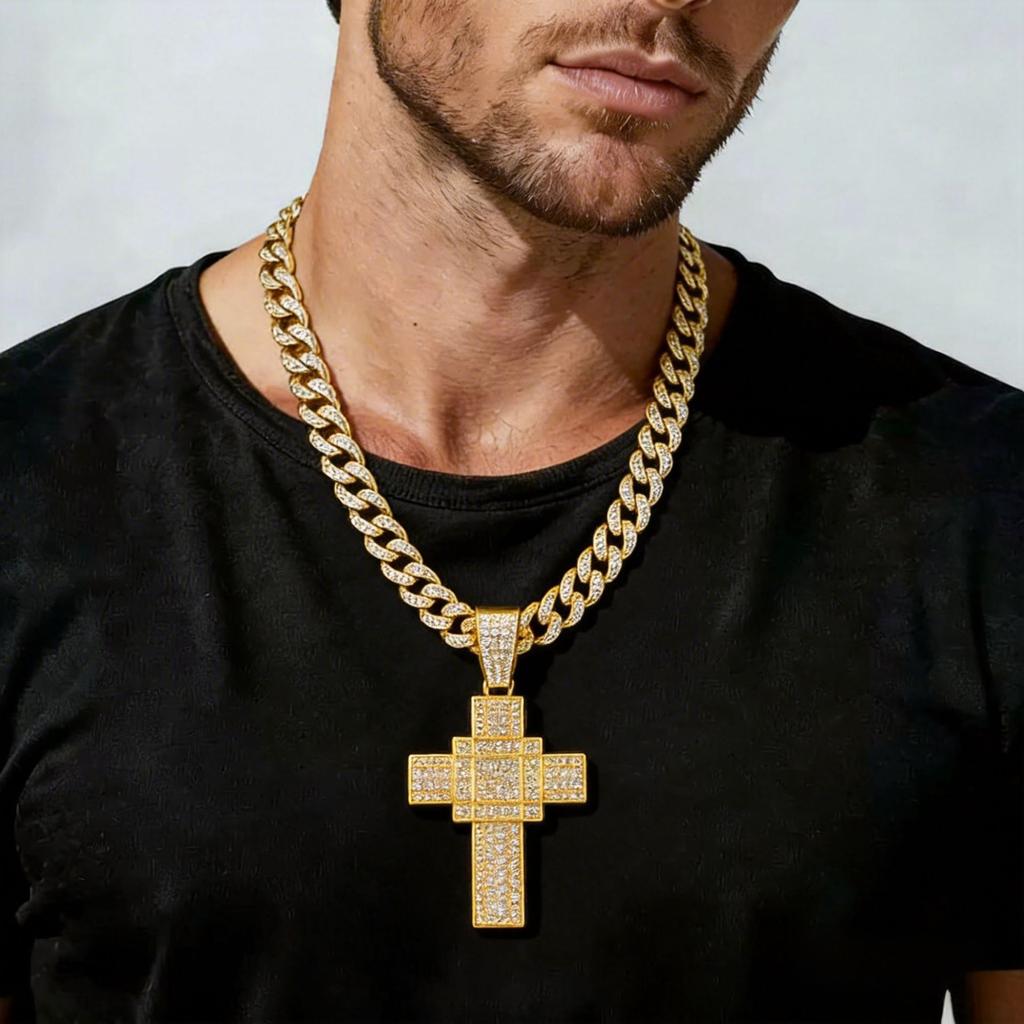 Collana Pendente a Croce Intarsiata di Diamanti Stile Europeo e Americano INS, Completamente Intarsiata di Diamanti in Lega Hip-hop Strass per la Clavicola