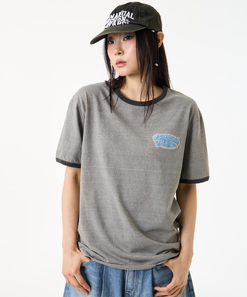 UNKNOWN PLANET [Unp] Pigment-Dyed Graphic Ringer T-Shirt Gray