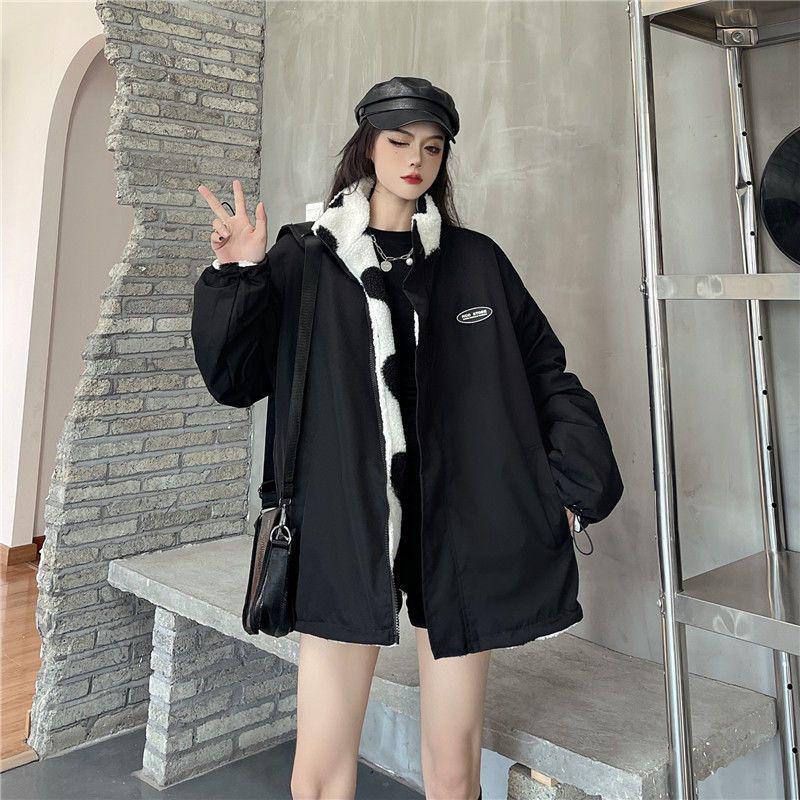 

Унисекс Love Lamb плюшевая куртка: Европейский и американский стиль High Street, осенне-зимнее двухстороннее пальто с воротником-стойкой L чёрный