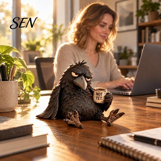 Kávový hrnek ve tvaru vrány, Vtipná figurka vrány s hrnkem, Soška z pryskyřice, Realistické zvířecí novinka Sběratelská soška Ornament pro domácí dekoraci, Kreativní