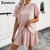 Damen Sommer Zweiteiler - Nahtloses Kurzarm-Strickoberteil mit Patchwork-Falten-Minirock Lässiges Outfit