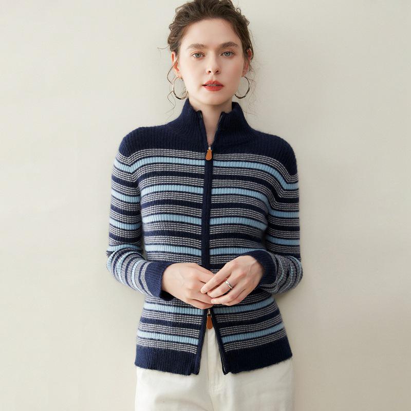 Kaschmir-Strickjacke mit Stehkragen: Bunter gestreifter Strickmantel mit langen Ärmeln für Herbst & Winter