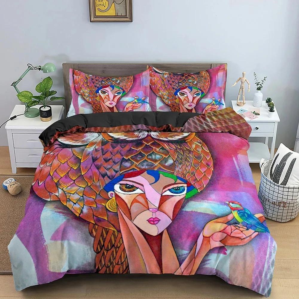 Abstraktes Gesicht King Queen Bettbezug Frau Portrait Bettwäsche Set Graffiti Bettbezug Fantasy Design Polyester Bettbezug