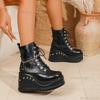 Women's Chunky Heel Platform Black Short Boots Punk Rivet Chain Gothic Ankle Boots Pu Leather Wedges Non-Slip Bootie Size 35-43