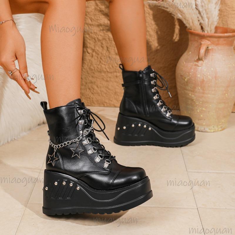 Women's Chunky Heel Platform Black Short Boots Punk Rivet Chain Gothic Ankle Boots Pu Leather Wedges Non-Slip Bootie Size 35-43