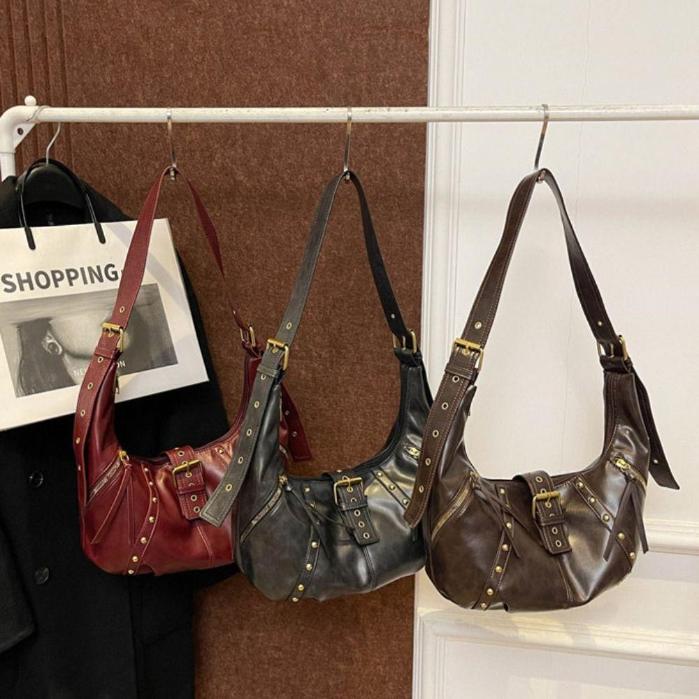 Oil Wax LeatherRetro American Style Locomotive Style Underarm Bag Y2K Shoulder Bag Travel