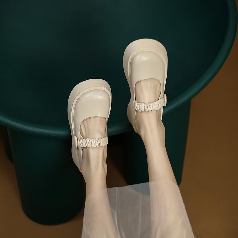 Inside And Outside Full Leather Small Thick Bottom Increased Mary Jane Shoes Women 'S  New All -Match Comfortable Shoes