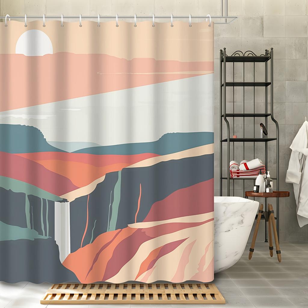 1 piece simple modern abstract line landscape shower curtain, bathroom decoration, including shower curtain and belt hook