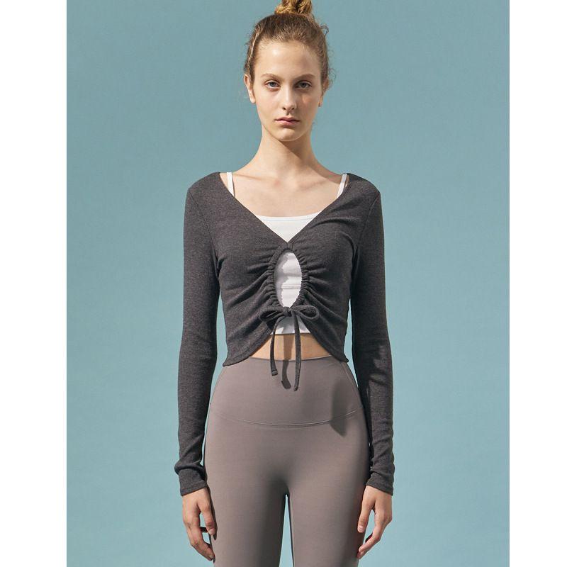 INS Outer Wear Long Sleeve Yoga Wear Bow Ballet Style Shoelace Blouse High Top Sports Workout Top Slim Elastic